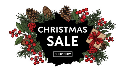 Christmas Sale Banner with Pine Cones, Holly Berries and Gift Box
