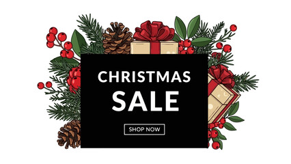Festive Christmas Sale Banner with Pine Cones and Holiday Decor