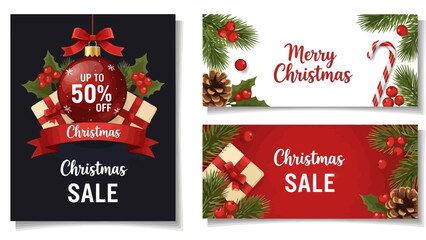 A collection of elegant Christmas sale banners and holiday promotion templates decorated with festive gifts, ornaments, and winter foliage