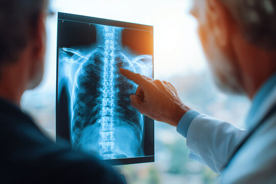 Doctor examining chest X-ray with patient, pointing to spine and lungs in a modern clinic for medical diagnostic imaging consultation. - Powered by Adobe