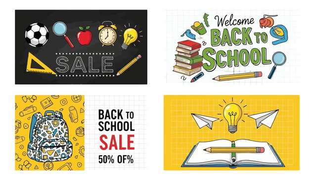 Creative collection of back to school promotional graphics, featuring essential supplies, engaging learning concepts, and sale advertisements for student readiness