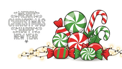 Festive Christmas holiday sweets concept with peppermint candy canes, lollipops, and decorative lights on a white background