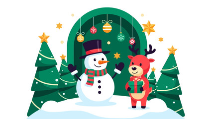 Cheerful Snowman and Reindeer Friends Celebrate Winter Holidays with a Gift Amidst Snowy Christmas Trees and Festive Decorations