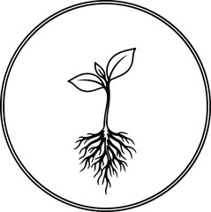 Illustration sprouting seedling plant with roots in circle silhouette vector