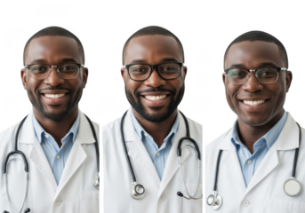 Three smiling black male doctors wearing stethoscopes isolated on transparent background