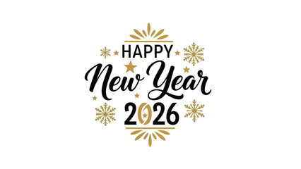 Elegant Happy New Year 2026 greeting with gold snowflakes and festive typography on a white background