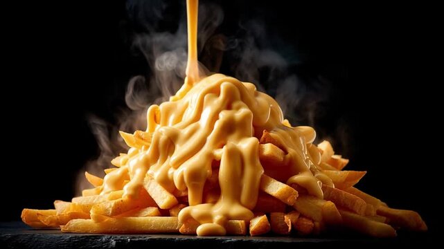 Thick cheddar cheese sauce pouring onto french fries