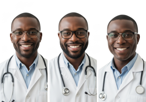 Three smiling black male doctors wearing stethoscopes isolated on transparent background