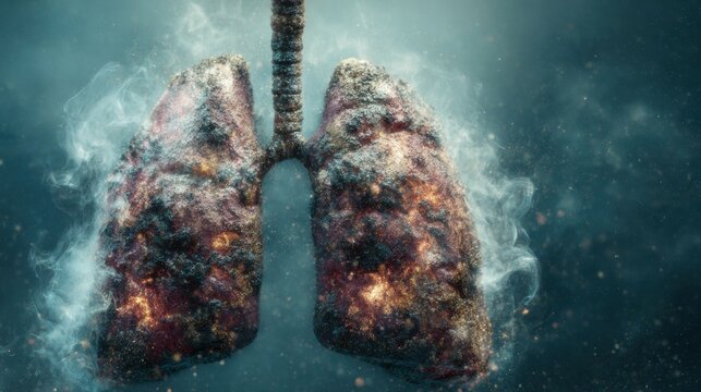 Lungs affected by pollution with dark particles and smoke in an eerie setting