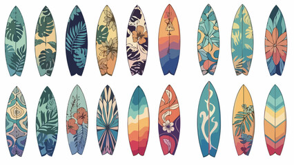 Collection of colorful, artistically designed surfboards with tropical leaf and floral patterns