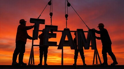 Four people figures lifting and connecting bold letters to form the word ‘TEAM' on sunset background