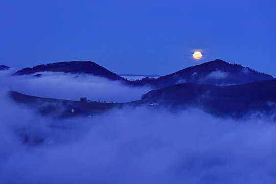 View from the Gisliflue of the Jurassic foothills from the left, Asperstrihen, Strihen, in the light of the full moon, Talheim, Canton, Aargau, Switzerland