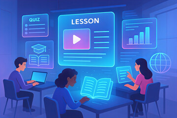 Online learning concept with students studying on digital devices, futuristic education dashboard with lesson, quiz, and data charts in glowing blue interface