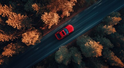 Road to Adventure: A vibrant red car cruises along a winding road, cutting through a lush forest, creating a picturesque image of freedom and exploration.