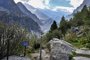 Table showing the glacier status from 1820 from the Mer de Glace glacier, Mont-Blanc, Chamonix-Mont-Blanc, Haute-Savoie, France