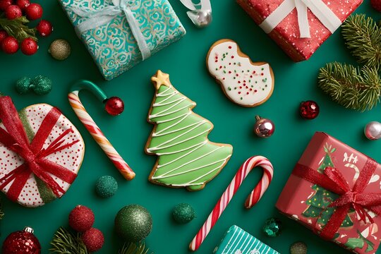 Christmas concept of Flaylay with cookies, gifts and ornaments on green background