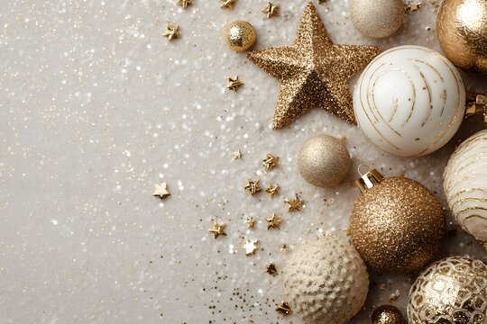Christmas festive ornaments in gold and white with flatlay copyspace concept