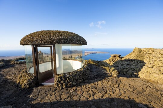 Staircase and viewing platform at the Mirador del R&iacute;o viewpoint, in the evening light, designed by artist C&eacute;sar Manrique, Lanzarote, Canary Islands, Spain