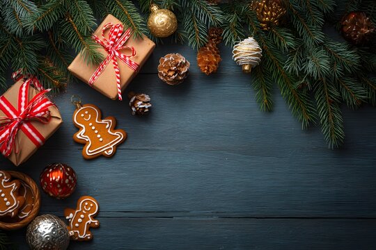 Festive holiday Christmas decoration with gifts and gingerbread man.