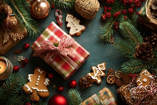 Festive holiday Christmas decoration with gifts and gingerbread man.