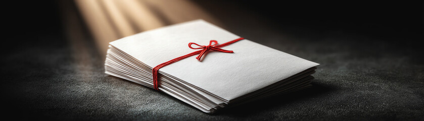 Sentimental stack of vintage love letter paper bound with red ribbon. old correspondence holds secret memory, tied under light beam