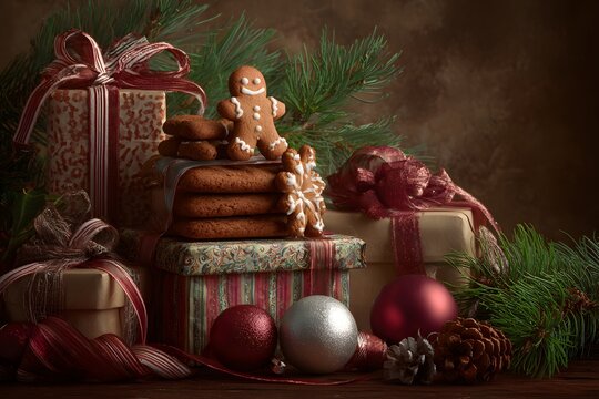 Festive holiday Christmas decoration with gifts and gingerbread man.