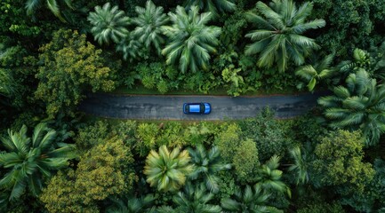 Journey through the Canopy: A vibrant blue vehicle navigates a secluded, winding road enveloped by a lush, verdant canopy of trees, embodying a sense of freedom and adventure.