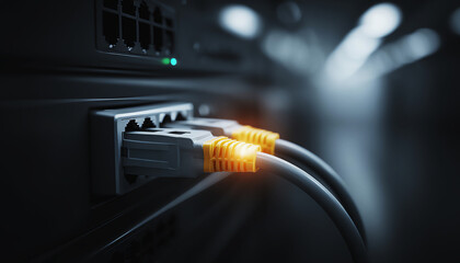 Glowing ethernet cable connection on network switch port. Active internet data transfer on server router showing modern technology concept
