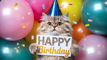 Cute cat with party hat holding Happy Birthday sign and balloons