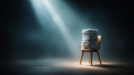 Dramatic spotlight on an overwhelming stack of paper and paperwork on chair in dark room. Conceptual image of work deadline or pressure