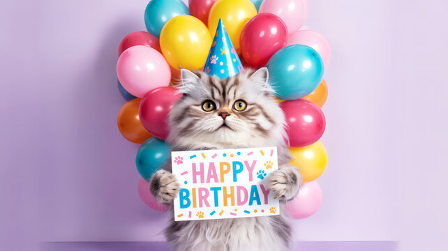 Cute cat in party hat with Happy Birthday sign and balloons on pastel background