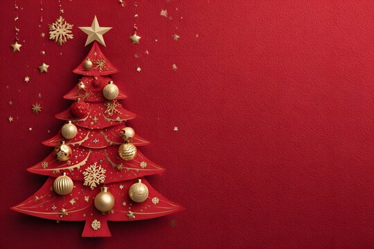 A red christmas tree minimalist concept on a red background.