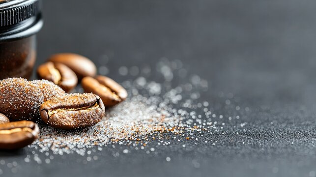 Close-up of roasted coffee beans with sugar crystals on a dark surface, creating a visually appealing macro shot. - Powered by Adobe