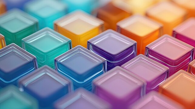 Close-up of a pattern of colorful, translucent cubes arranged in rows, creating an abstract and visually appealing background with soft lighting.
