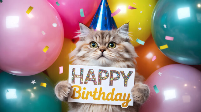 Cute cat with party hat holding Happy Birthday sign and balloons