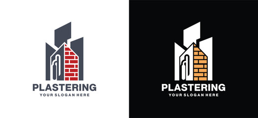 Plastering Logo with Cement Shovel, Brick House and Building Silhouette