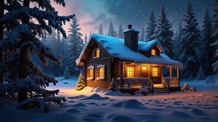 Winter snowy forest landscape with a cozy Christmas house cabin