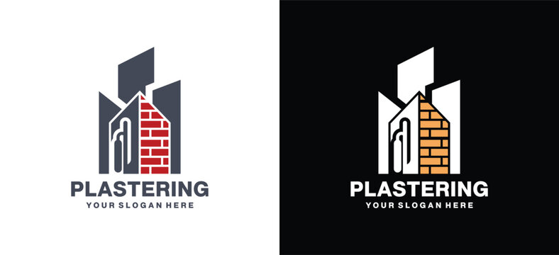 Plastering Logo with Cement Shovel, Brick House and Building Silhouette