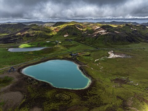 Lake, volcanic crater, volcanic landscape, mountains, cloudy, aerial view, summer, Graenavatn, Krysuvik geothermal area, Reykjanes, Iceland - Powered by Adobe