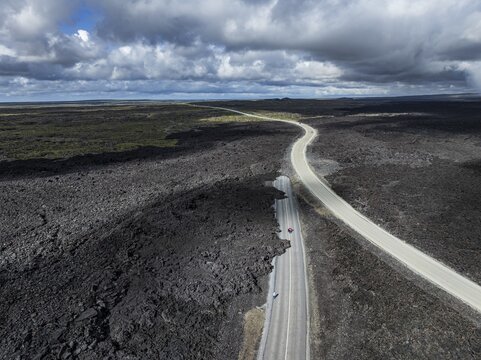 Lava, lava field, road, destroyed, summer, cloudy, sunny, aerial view, Blue Lagoon, Sundhn&uacute;kur crater series, Fagradalsfjall, Reykjanes, Iceland