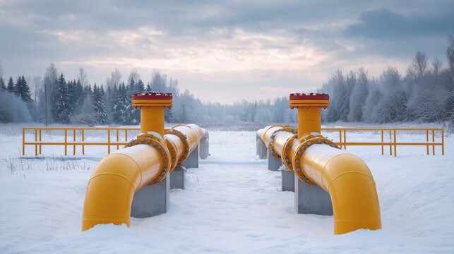 Pipelines transporting natural gas winter landscape industrial infrastructure rural environment