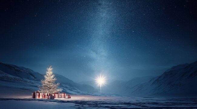 Winter Wonder: A serene winter scene unfolds, a festive tree radiates warmth. Underneath the glow, lies gift, illuminating a starry night sky above a snowy expanse, promising warmth and cheer.