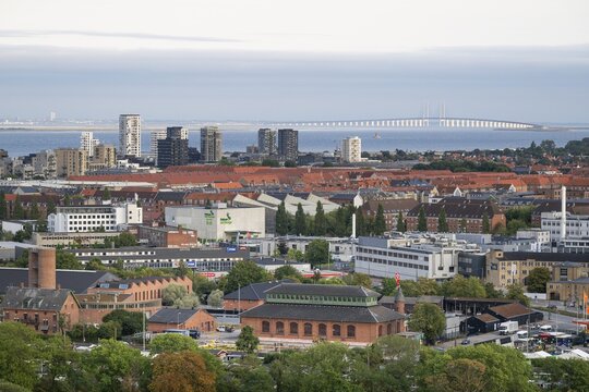 View from the Vor Frelsers Kirke to the island of Amager, the &Oslash;resund Bridge or &Oslash;resundsbron and Malm&ouml;, Copenhagen, Denmark