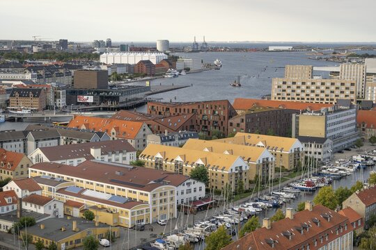 View from the Vor Frelsers Kirke to the Christianshavn Canal and neighbourhoods Christianshavn, Gammelholm, &Oslash;sterport and Nordhavn, Copenhagen, Denmark
