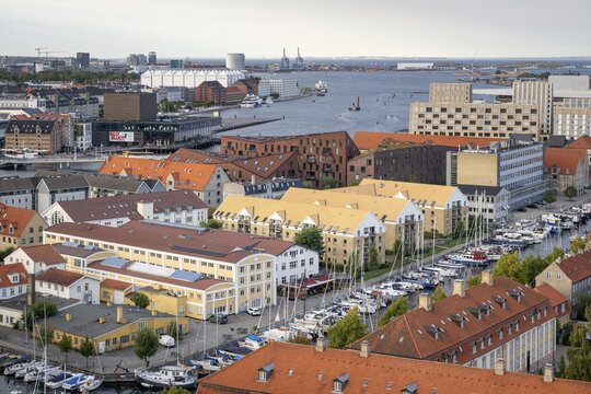 View from the Vor Frelsers Kirke to the Christianshavn Canal and the neighbourhoods Christianshavn, Gammelholm, &Oslash;sterport and Nordhavn, Copenhagen, Denmark