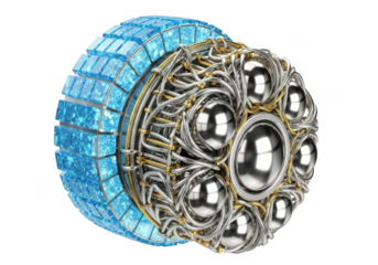 Abstract futuristic mechanical device with blue crystals isolated on transparent background for science fiction and technology concepts