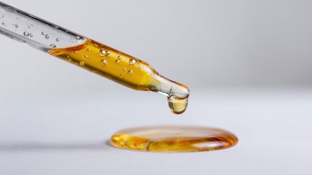 Droplet of golden liquid from pipette studio setting macro photography clean background