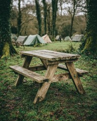 Rustic Wooden Picnic Table In Forest Campground
