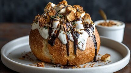 Decadent s'mores dessert bread bowl with marshmallows and chocolate sauce