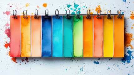A close-up shot of a series of watercolor swatches in various colors, clipped to a metal bar, with paint splatters on a white background.